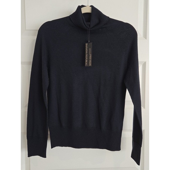 NWT Banana Republic XS Navy Blue 100% Marino Wool Turtleneck Sweater Seamless - Picture 1 of 11